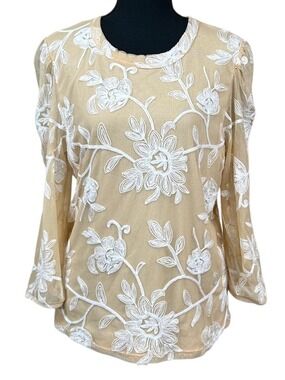 Kim & Cami Yellow Sheer Sleeve Floral Overlay Top Size XL